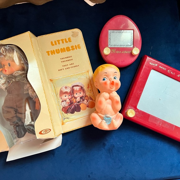 🔥VINTAGE TOY LOT NIB LITTLE THUMBSIE DOLL 1950’s BABY DOLL 2 ETCH-A-SKETCHES - Picture 1 of 8
